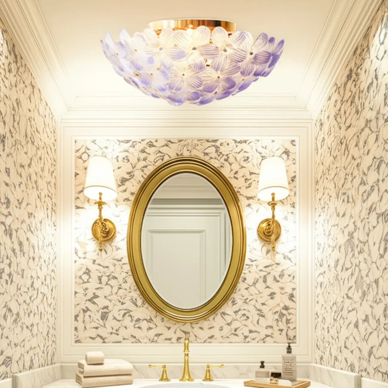 Plafonnier semi-encastré élégant à dôme en verre à motif floral