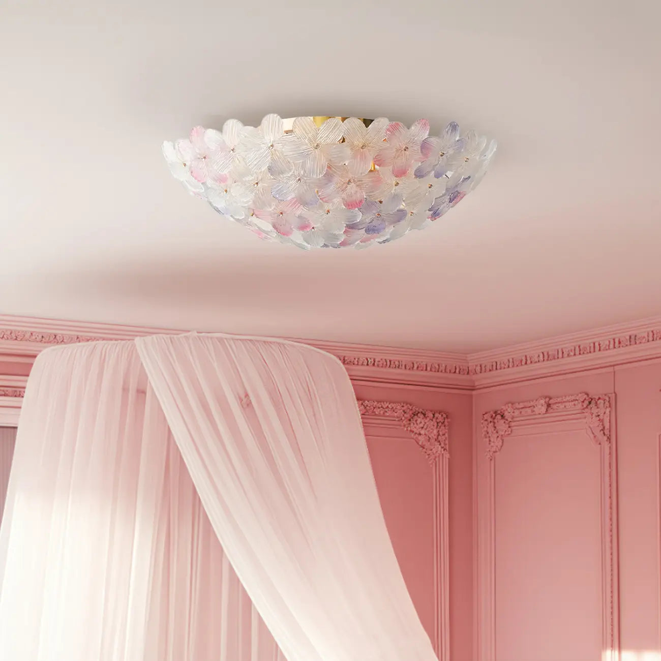 Plafonnier semi-encastré élégant à dôme en verre à motif floral