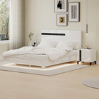 Ensemble de lit plateforme queen moderne Roomfitters 3 pièces, finition brillante, cadre lumineux, 2 tables de chevet, blanc