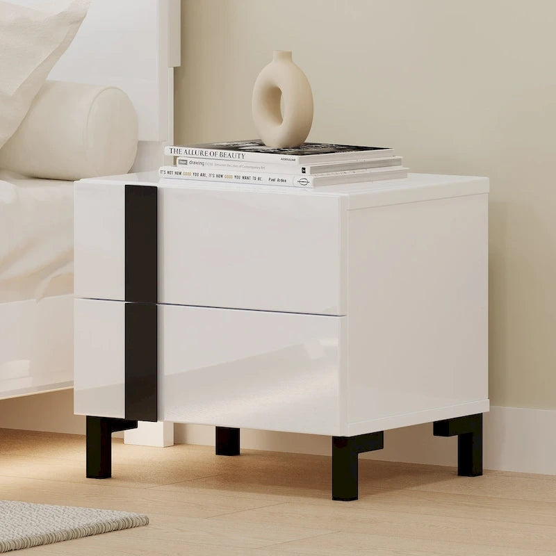 Ensemble de lit plateforme queen moderne Roomfitters 3 pièces, finition brillante, cadre lumineux, 2 tables de chevet, blanc