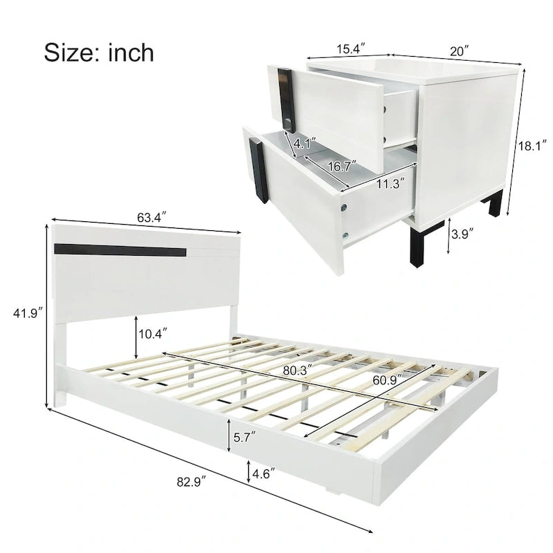 Ensemble de lit plateforme queen moderne Roomfitters 3 pièces, finition brillante, cadre lumineux, 2 tables de chevet, blanc