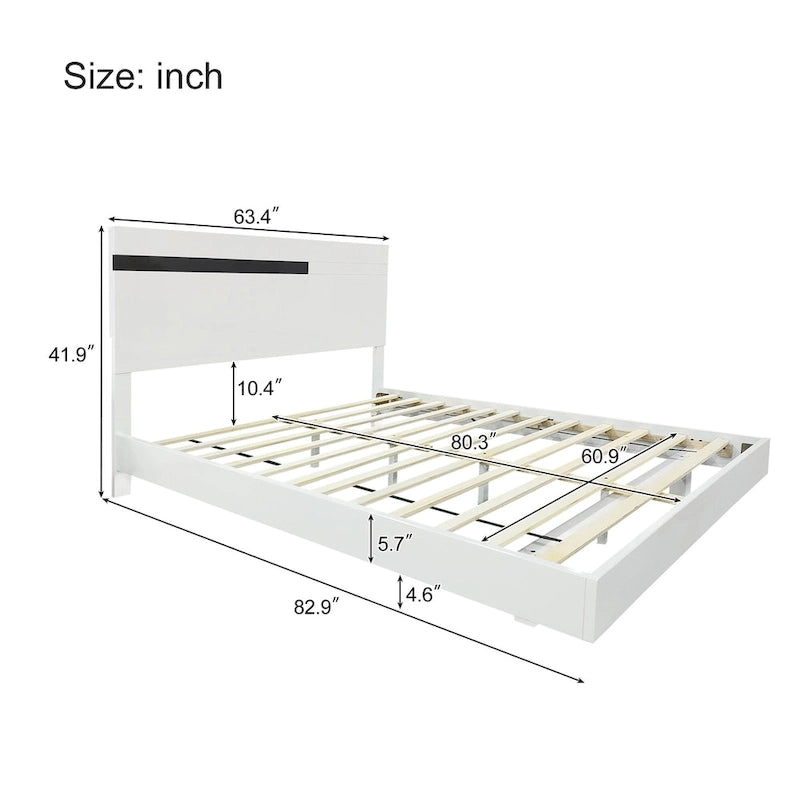 Ensemble de lit plateforme queen moderne Roomfitters 3 pièces, finition brillante, cadre lumineux, 2 tables de chevet, blanc