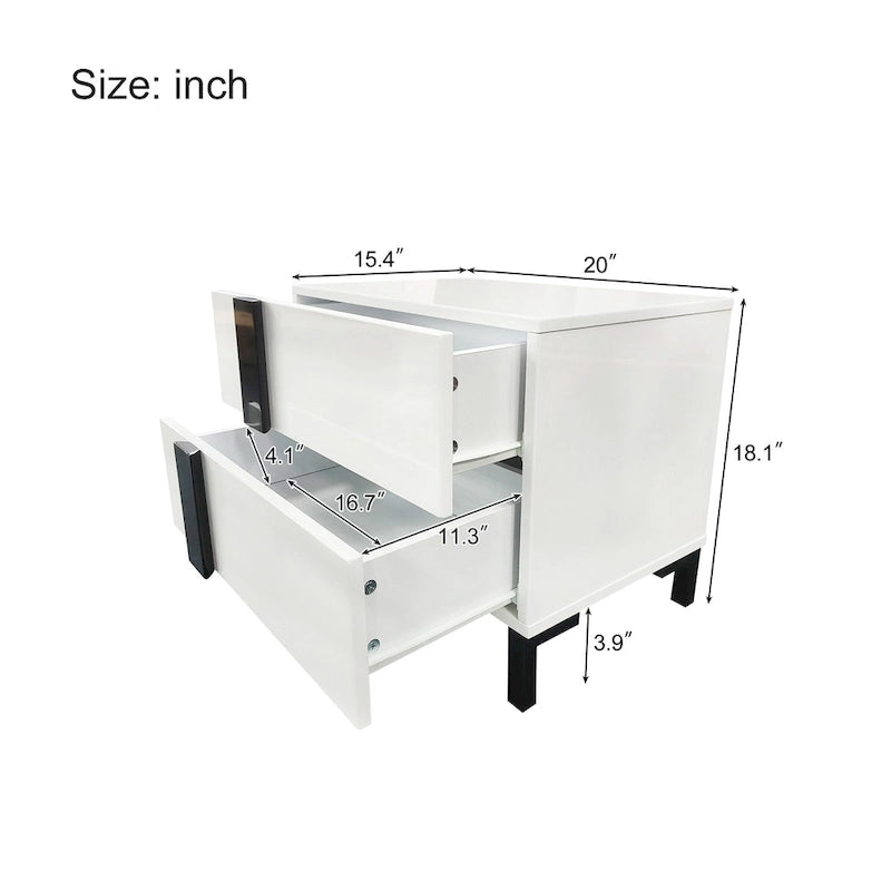 Ensemble de lit plateforme queen moderne Roomfitters 3 pièces, finition brillante, cadre lumineux, 2 tables de chevet, blanc
