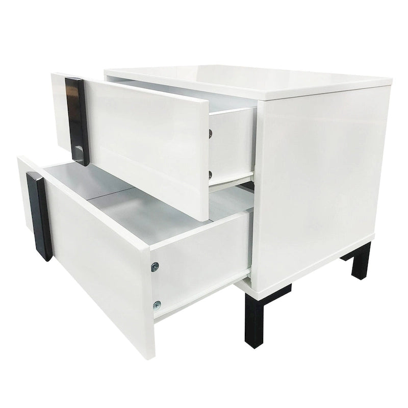 Ensemble de lit plateforme queen moderne Roomfitters 3 pièces, finition brillante, cadre lumineux, 2 tables de chevet, blanc