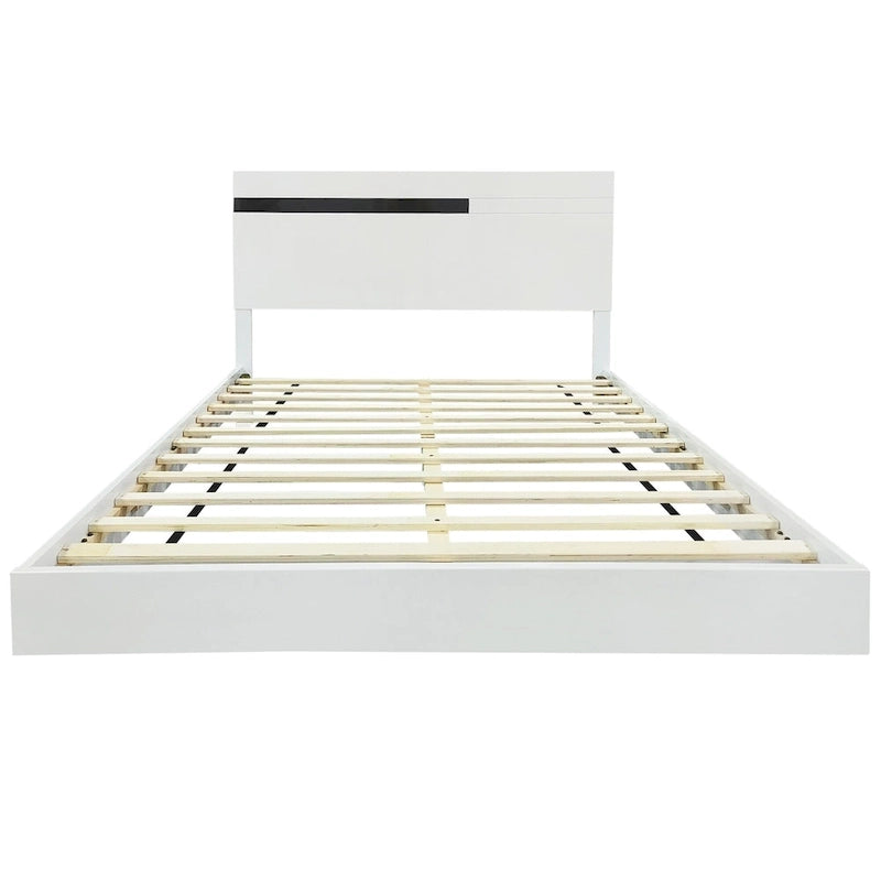 Ensemble de lit plateforme queen moderne Roomfitters 3 pièces, finition brillante, cadre lumineux, 2 tables de chevet, blanc