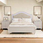 Roomfitters Full/Queen Size Wood Bed, Lighted Curved Headboard, Upholstered Frame, No Box Spring, Cream Grey