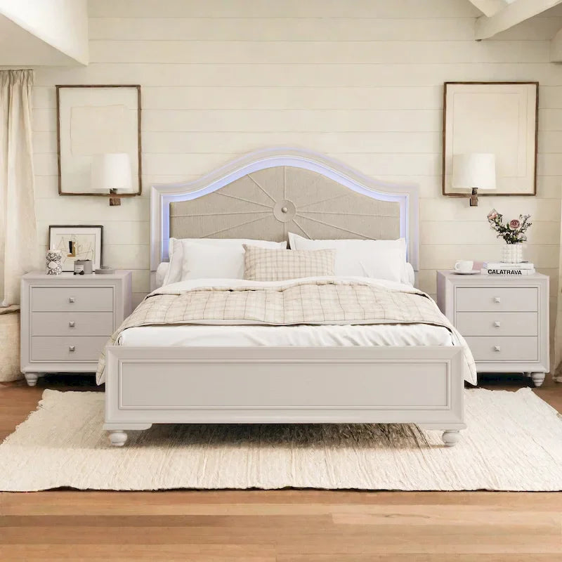 Roomfitters Full/Queen Size Wood Bed, Lighted Curved Headboard, Upholstered Frame, No Box Spring, Cream Grey