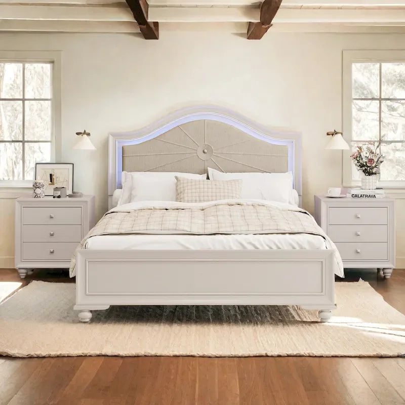 Lit Roomfitters en bois, format double/queen, tête de lit incurvée éclairée, cadre rembourré, sans sommier, gris crème