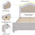 Lit Roomfitters en bois, format double/queen, tête de lit incurvée éclairée, cadre rembourré, sans sommier, gris crème
