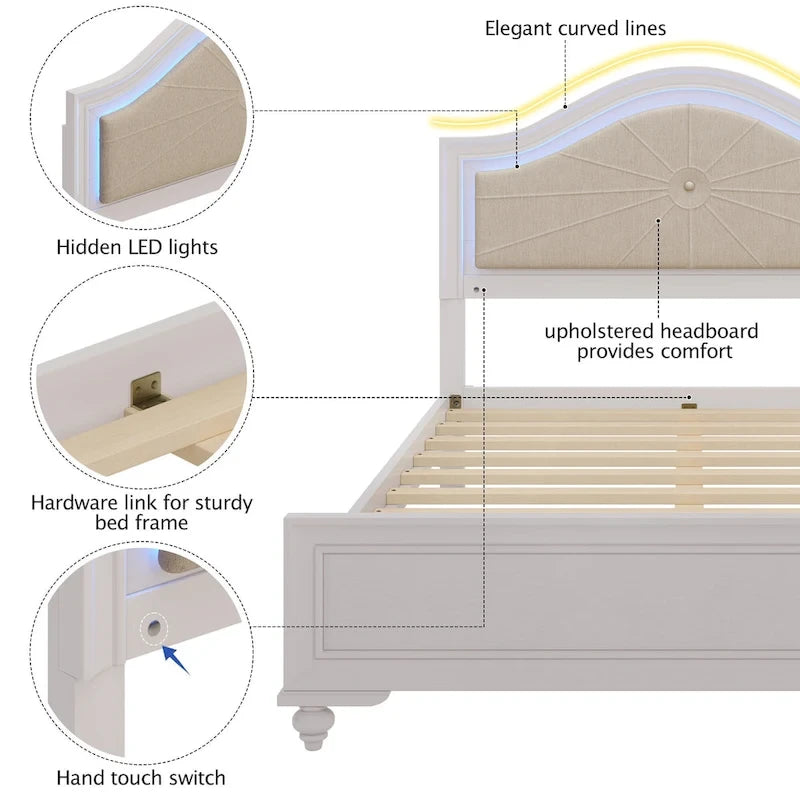 Lit Roomfitters en bois, format double/queen, tête de lit incurvée éclairée, cadre rembourré, sans sommier, gris crème
