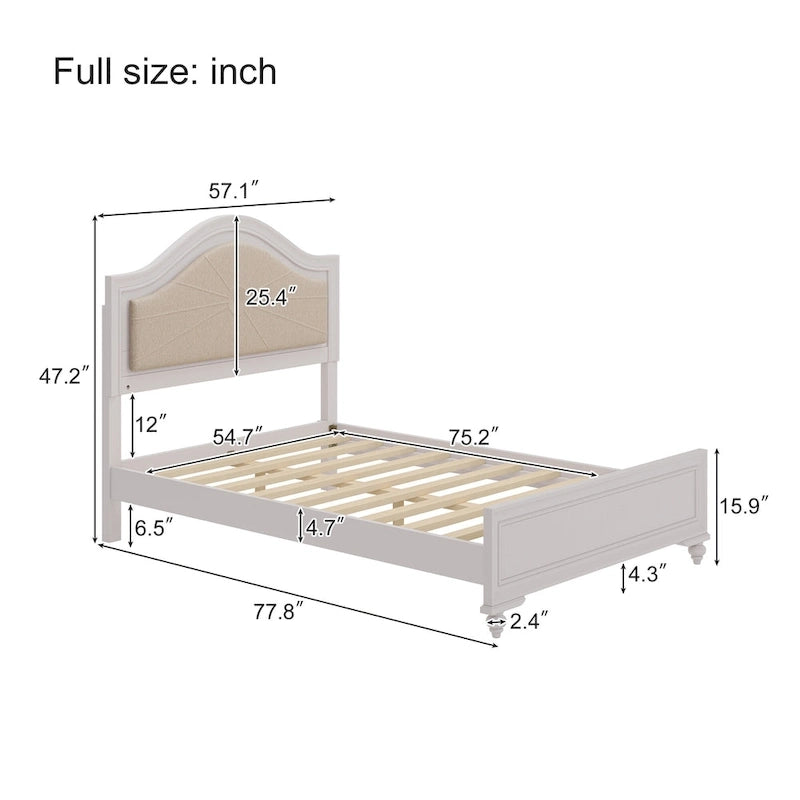 Lit Roomfitters en bois, format double/queen, tête de lit incurvée éclairée, cadre rembourré, sans sommier, gris crème