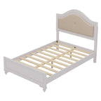 Lit Roomfitters en bois, format double/queen, tête de lit incurvée éclairée, cadre rembourré, sans sommier, gris crème