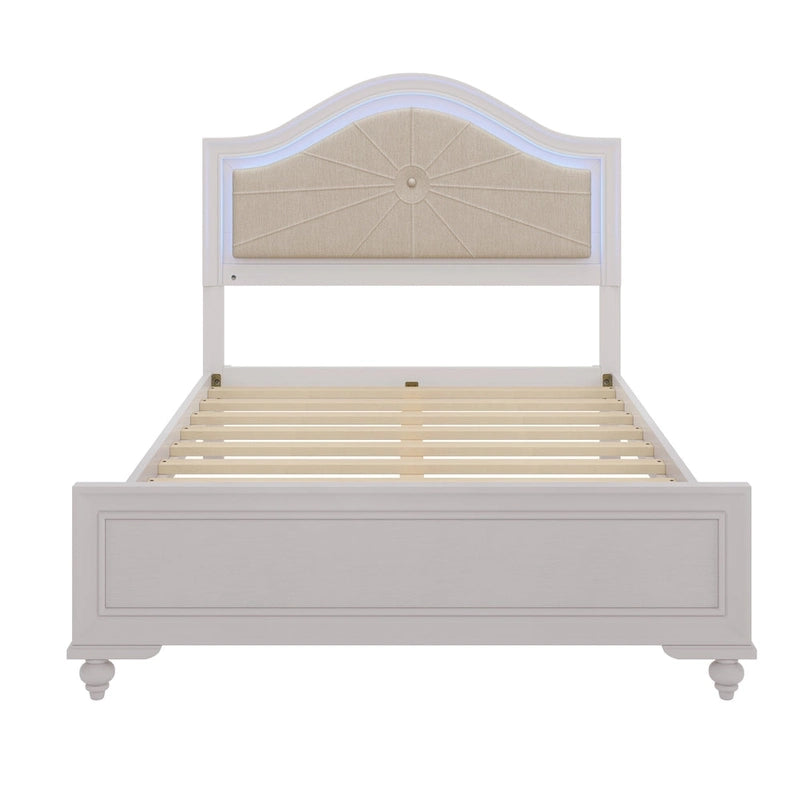 Lit Roomfitters en bois, format double/queen, tête de lit incurvée éclairée, cadre rembourré, sans sommier, gris crème