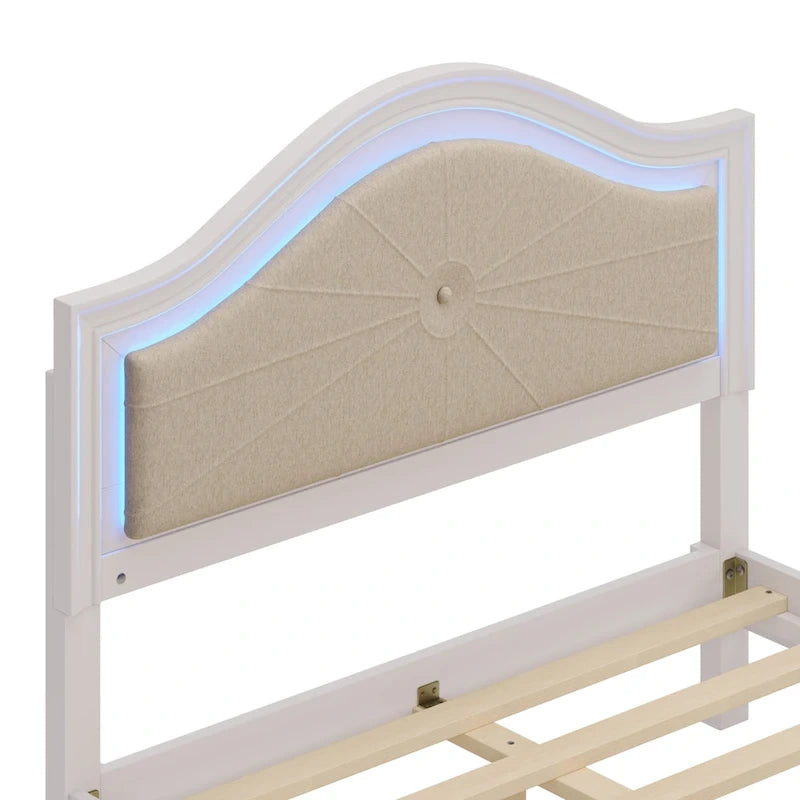 Lit Roomfitters en bois, format double/queen, tête de lit incurvée éclairée, cadre rembourré, sans sommier, gris crème