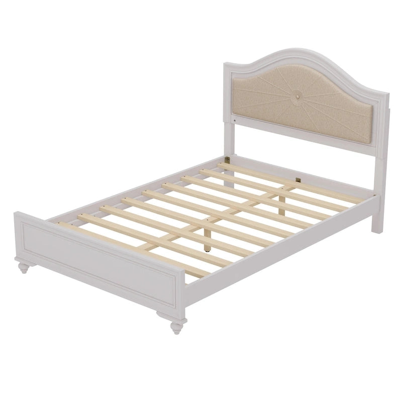Lit Roomfitters en bois, format double/queen, tête de lit incurvée éclairée, cadre rembourré, sans sommier, gris crème
