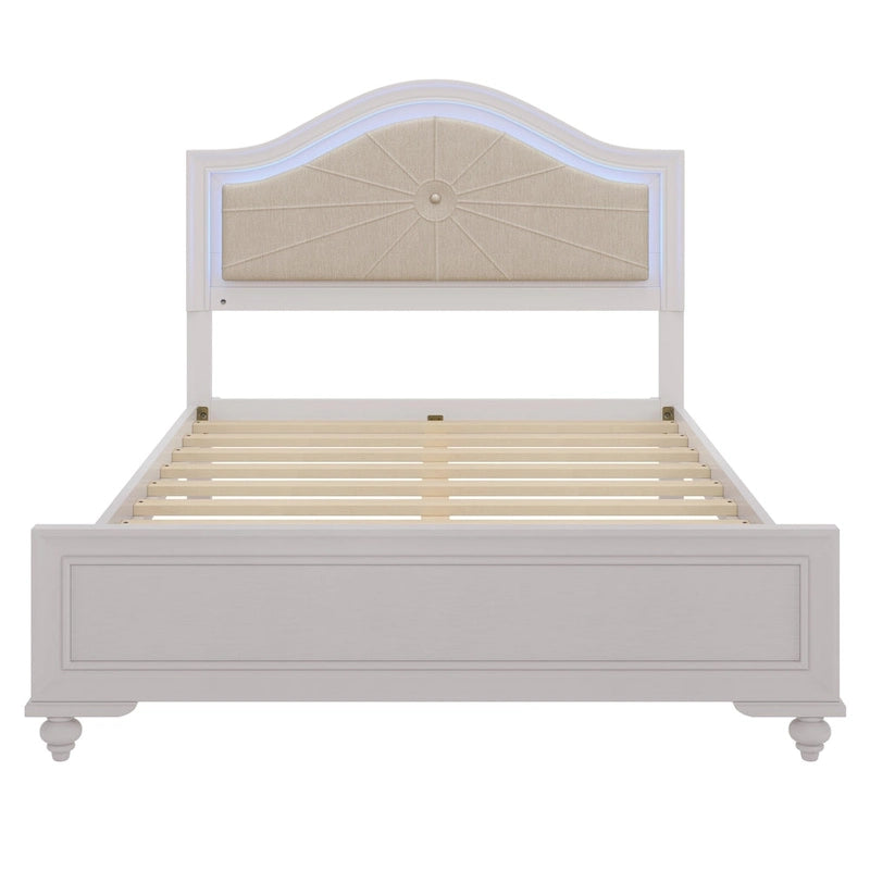 Lit Roomfitters en bois, format double/queen, tête de lit incurvée éclairée, cadre rembourré, sans sommier, gris crème