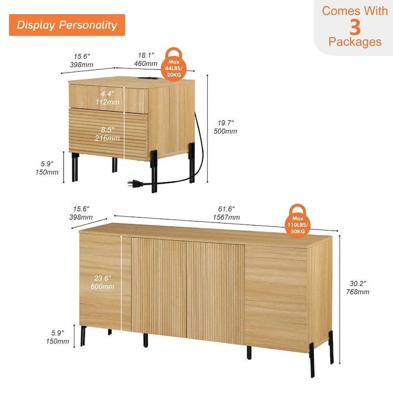 Ensemble de meubles de chambre modernes 3 pièces WAMPAT, comprenant un buffet, un ensemble de 2 tables de chevet,