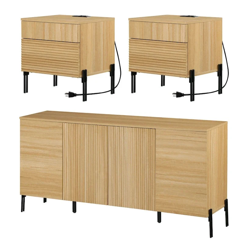 Ensemble de meubles de chambre modernes 3 pièces WAMPAT, comprenant un buffet, un ensemble de 2 tables de chevet,