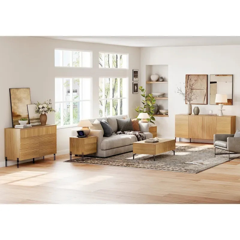 Ensemble de meubles de chambre WAMPAT 4 pièces, commode cannelée 6 tiroirs 47 po, buffet 61 po, 2 tables de chevet avec station de recharge, chêne