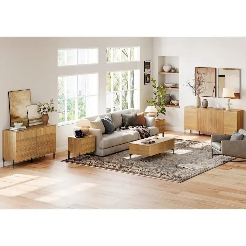 Ensemble de meubles de chambre WAMPAT 4 pièces, commode cannelée 6 tiroirs 47 po, buffet 61 po, 2 tables de chevet avec station de recharge, chêne