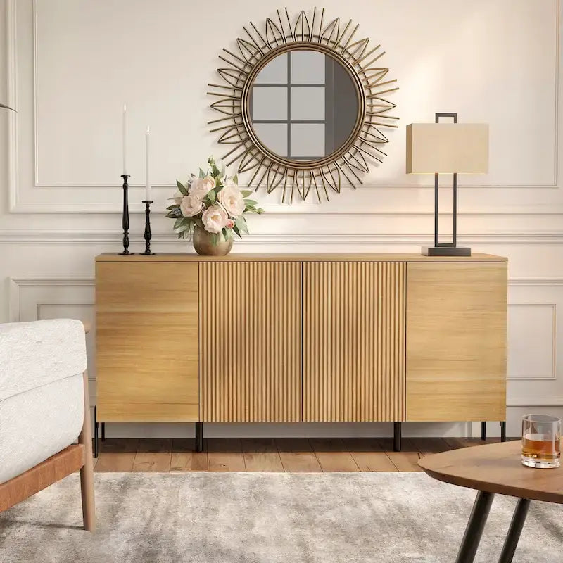 Ensemble de meubles de chambre WAMPAT 4 pièces, commode cannelée 6 tiroirs 47 po, buffet 61 po, 2 tables de chevet avec station de recharge, chêne
