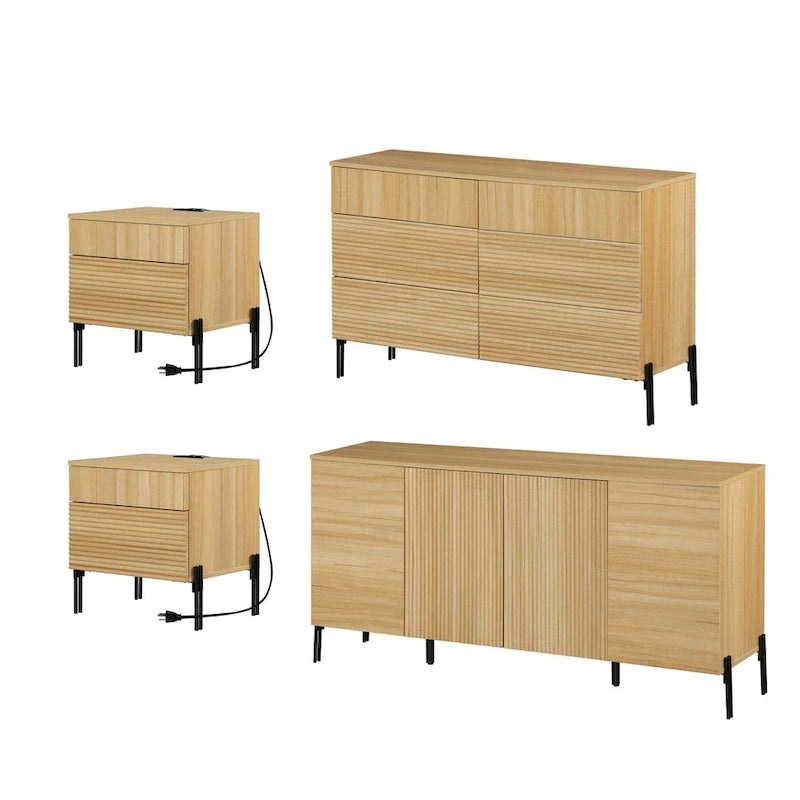 Ensemble de meubles de chambre WAMPAT 4 pièces, commode cannelée 6 tiroirs 47 po, buffet 61 po, 2 tables de chevet avec station de recharge, chêne