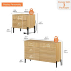 Ensemble de chambre moderne 3 pièces WAMPAT, commode cannelée 47 avec 6 tiroirs et 2 tables de chevet avec station de recharge, chêne