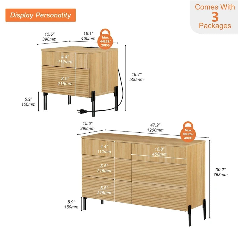 Ensemble de chambre moderne 3 pièces WAMPAT, commode cannelée 47 avec 6 tiroirs et 2 tables de chevet avec station de recharge, chêne