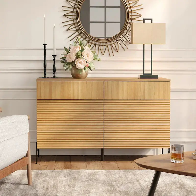 Ensemble de chambre moderne 3 pièces WAMPAT, commode cannelée 47 avec 6 tiroirs et 2 tables de chevet avec station de recharge, chêne
