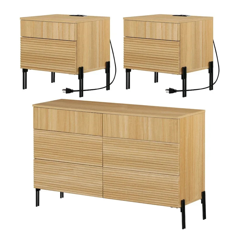 Ensemble de chambre moderne 3 pièces WAMPAT, commode cannelée 47 avec 6 tiroirs et 2 tables de chevet avec station de recharge, chêne