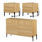 Ensemble de chambre moderne 3 pièces WAMPAT, commode cannelée 47 avec 6 tiroirs et 2 tables de chevet avec station de recharge, chêne