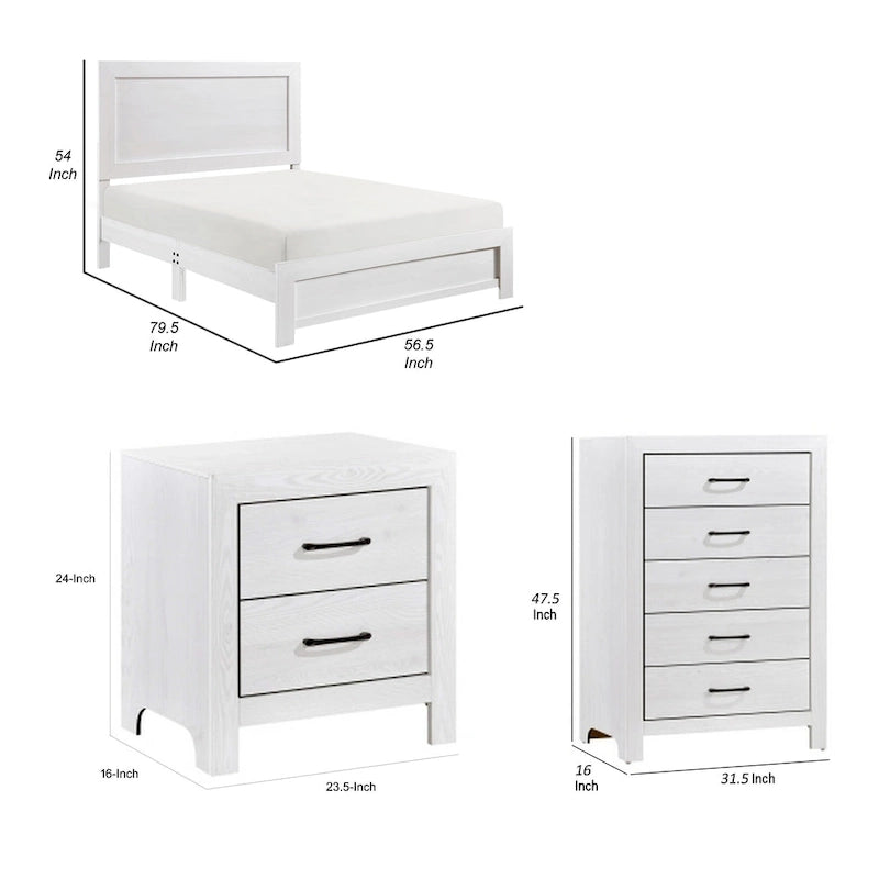 Ensemble de chambre à coucher Ko trois pièces pour lit double, détails de panneaux, poignées en métal noir, blanc
