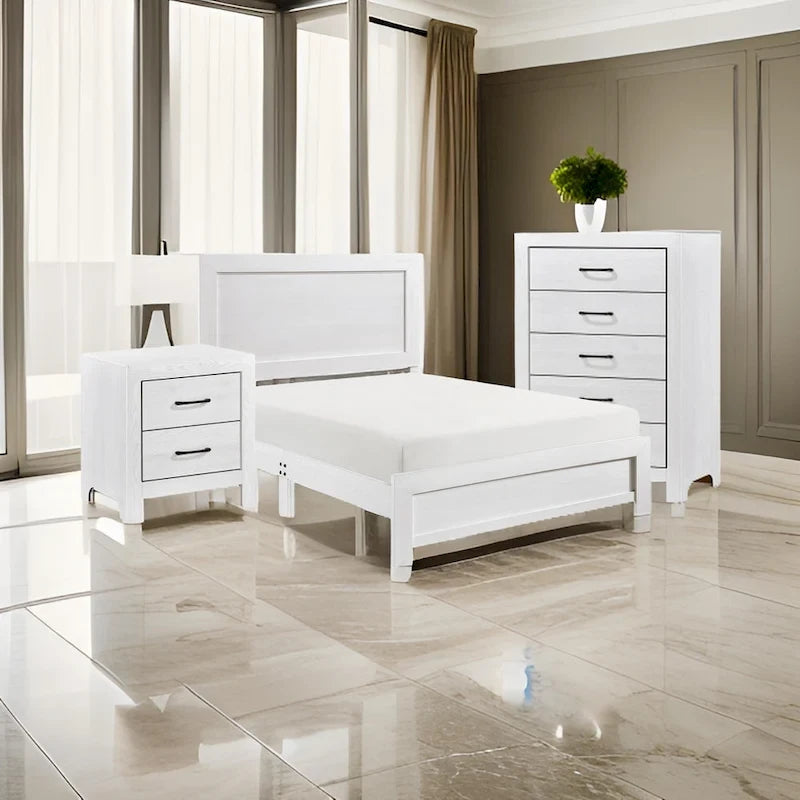 Ensemble de chambre à coucher Ko trois pièces pour lit double, détails de panneaux, poignées en métal noir, blanc