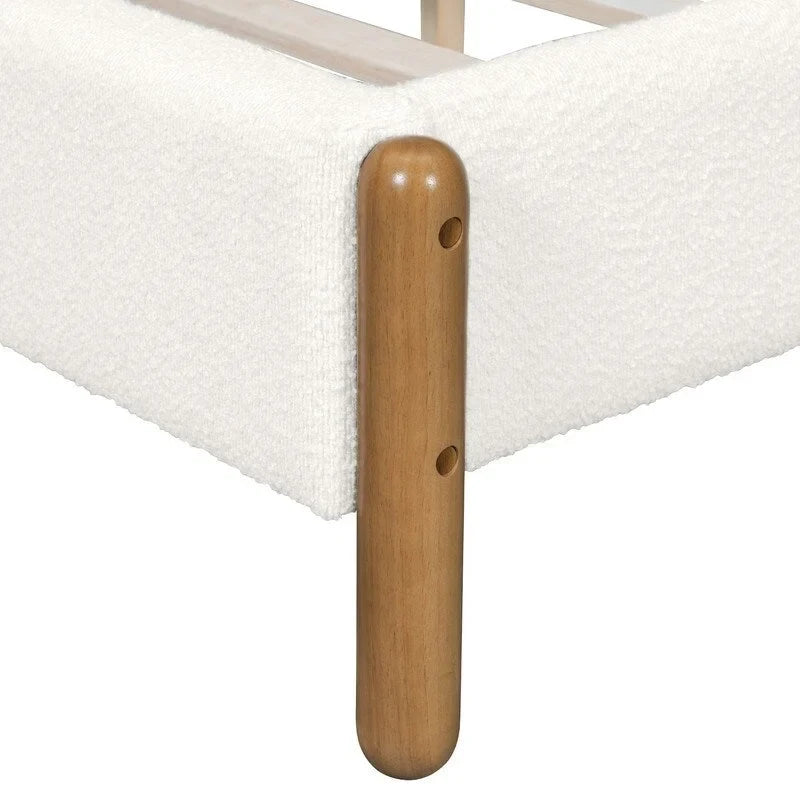 Ensemble de chambre à coucher 3 pièces : cadre de lit avec tête de lit épaisse capitonnée en bouclette, pieds en bois massif, ensemble de 2 tables de chevet avec porte coulissante de style grange.