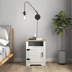 Ensemble de chambre à coucher 3 pièces : cadre de lit avec tête de lit épaisse capitonnée en bouclette, pieds en bois massif, ensemble de 2 tables de chevet avec porte coulissante de style grange.