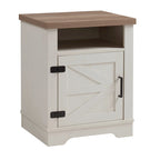Ensemble de chambre à coucher 3 pièces : cadre de lit avec tête de lit épaisse capitonnée en bouclette, pieds en bois massif, ensemble de 2 tables de chevet avec porte coulissante de style grange.