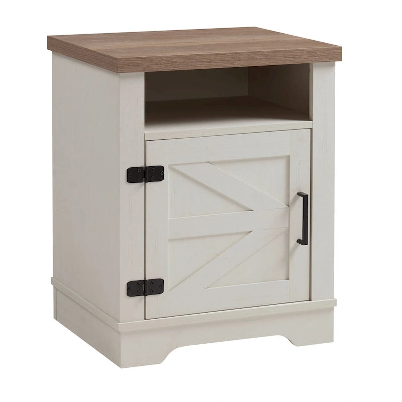 Ensemble de chambre à coucher 3 pièces : cadre de lit avec tête de lit épaisse capitonnée en bouclette, pieds en bois massif, ensemble de 2 tables de chevet avec porte coulissante de style grange.
