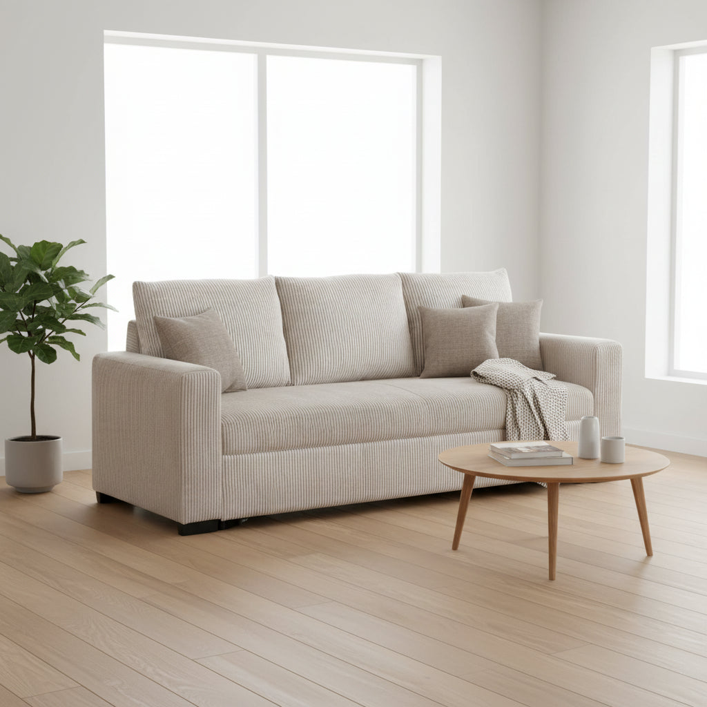 Billy Convertible Sofa Bed, Low Profile Leg, Ivory Corduroy 85 Inch