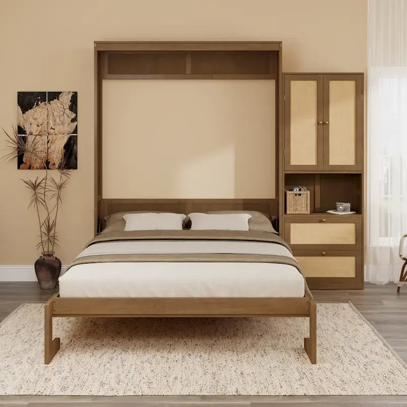Lit escamotable en bois massif et rotin avec étagère de rangement latérale