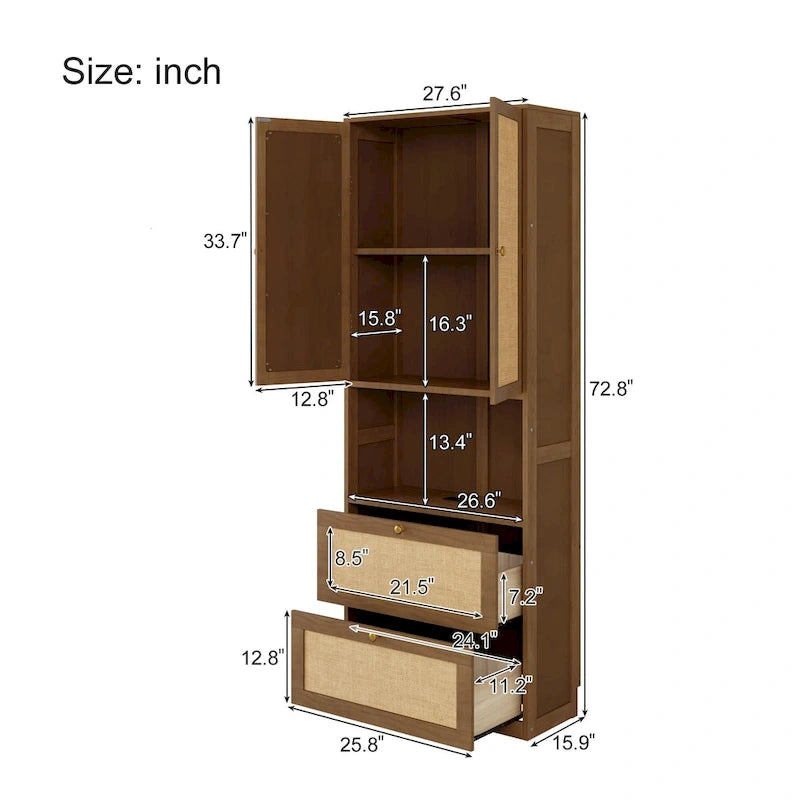 Lit escamotable en bois massif et rotin avec étagère de rangement latérale