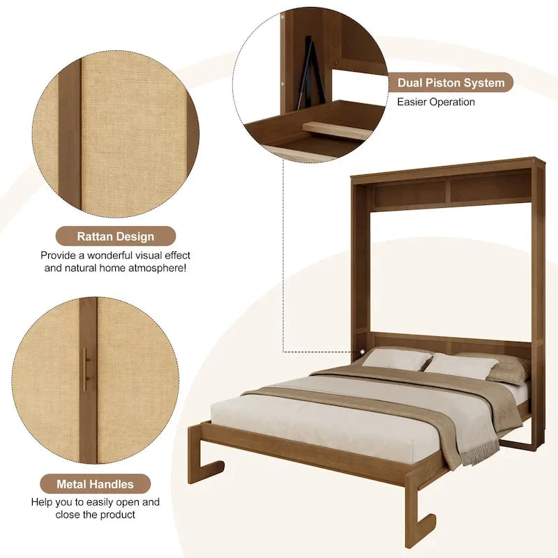 Lit escamotable en bois massif et rotin avec étagère de rangement latérale