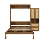 Lit escamotable en bois massif et rotin avec étagère de rangement latérale