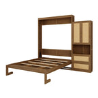 Lit escamotable en bois massif et rotin avec étagère de rangement latérale