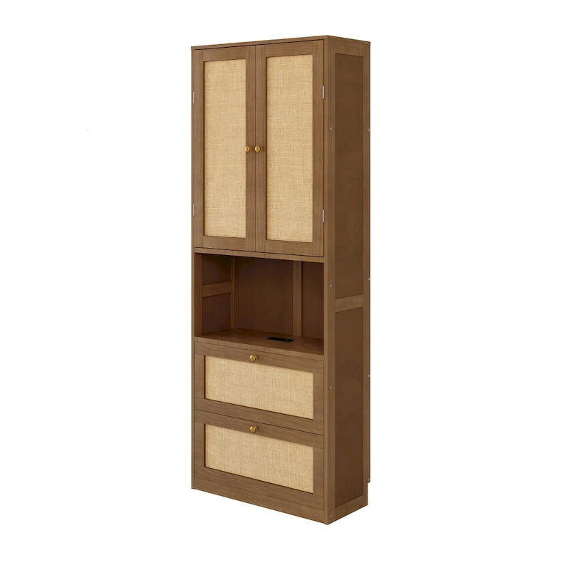 Lit escamotable en bois massif et rotin avec étagère de rangement latérale