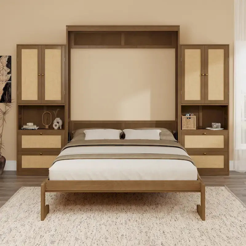 Lit escamotable en bois massif et rotin avec étagère de rangement latérale