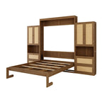 Lit escamotable en bois massif et rotin avec étagère de rangement latérale