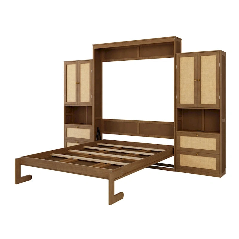 Lit escamotable en bois massif et rotin avec étagère de rangement latérale