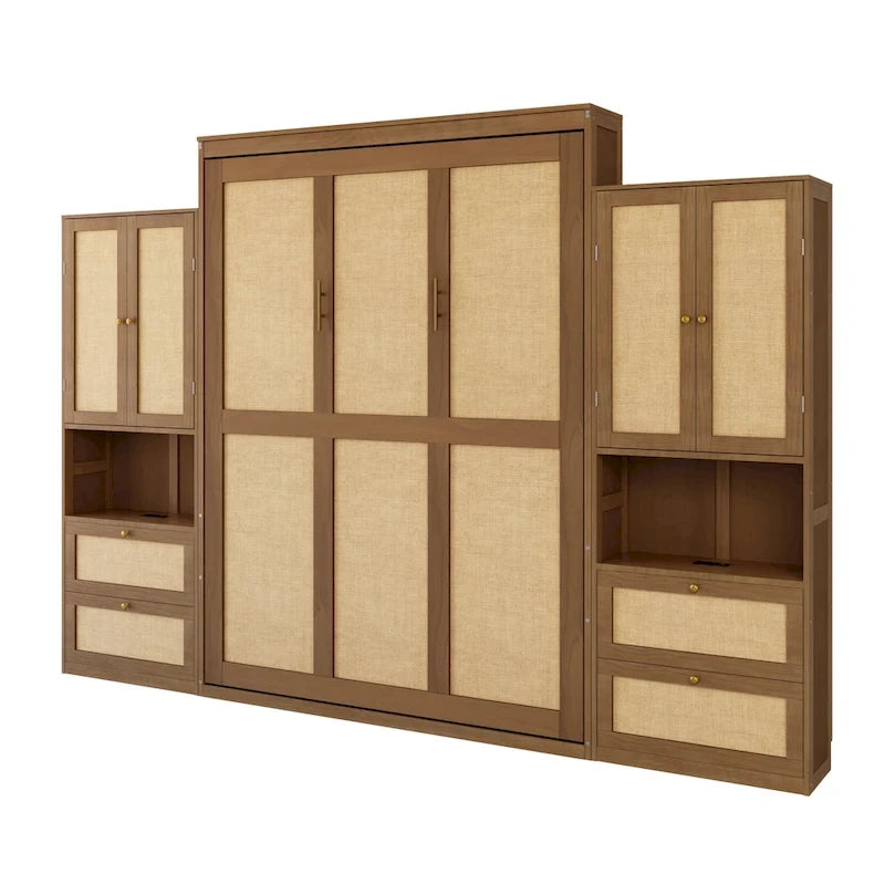 Lit escamotable en bois massif et rotin avec étagère de rangement latérale