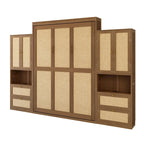 Lit escamotable en bois massif et rotin avec étagère de rangement latérale