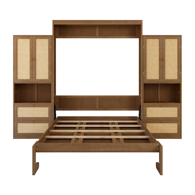 Lit escamotable en bois massif et rotin avec étagère de rangement latérale